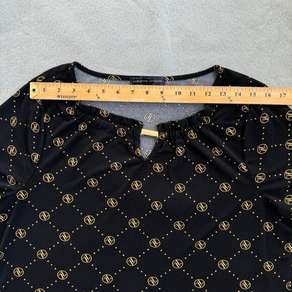 Adrienne Vittadini Women Black & Gold Geometric Pattern Short Sleeve Top. Size L - Picture 4 of 8